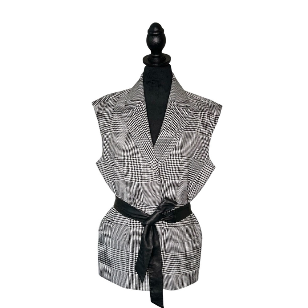 CLASSIQUES ENTIER Waist Coat/Vest Glen Plaid Belted Notched Lapel Lined SZ:M